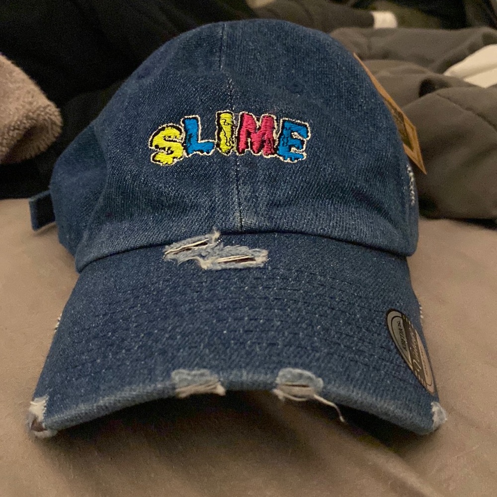 ‘Slime’ Distressed Denim Strap Back Dad Hat